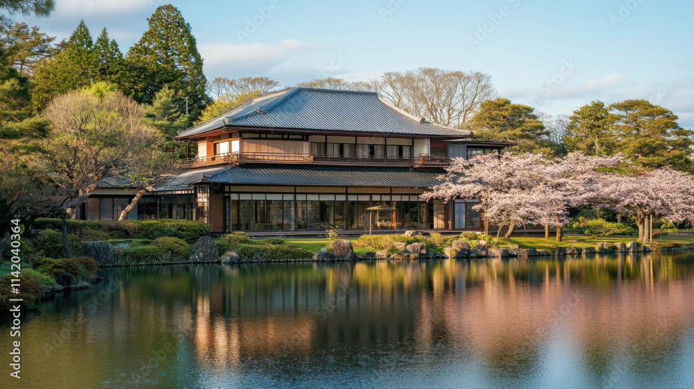 Serene Japanese Architecture by Tranquil Pond Surrounded by Blooming Cherry Blossoms and Lush Greenery in a Picturesque Garden Setting Serene Japanese Architecture by Tranquil Pond Surrounded by Blooming Cherry Blossoms and Lush Greenery in a Picturesque Garden Setting