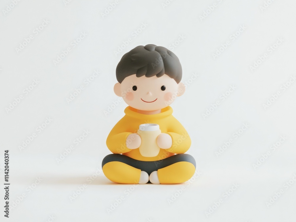 Cute cartoon boy sitting cross-legged in a yellow hoodie holding a drink with a cheerful expression
