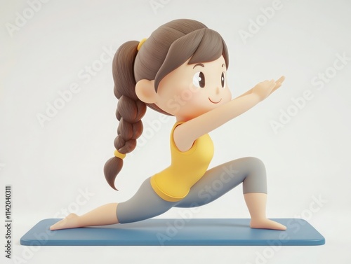 Animated character practicing yoga in a bright and cheerful environment on a blue mat