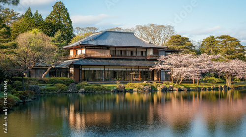 Serene Japanese Architecture by Tranquil Pond Surrounded by Blooming Cherry Blossoms and Lush Greenery in a Picturesque Garden Setting