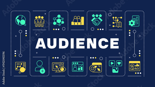 Audience dark blue word concept. Online business customers behavior research. Marketing tools. Visual communication. Vector art with lettering text, editable glyph icons. Hubot Sans font used