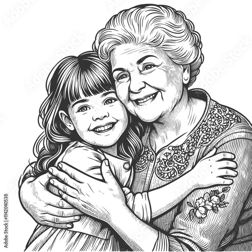 joyful grandmother hugging her young granddaughter, highlighting love, warmth, and family bond sketch engraving generative ai vector illustration. Scratch board imitation. Black and white image.