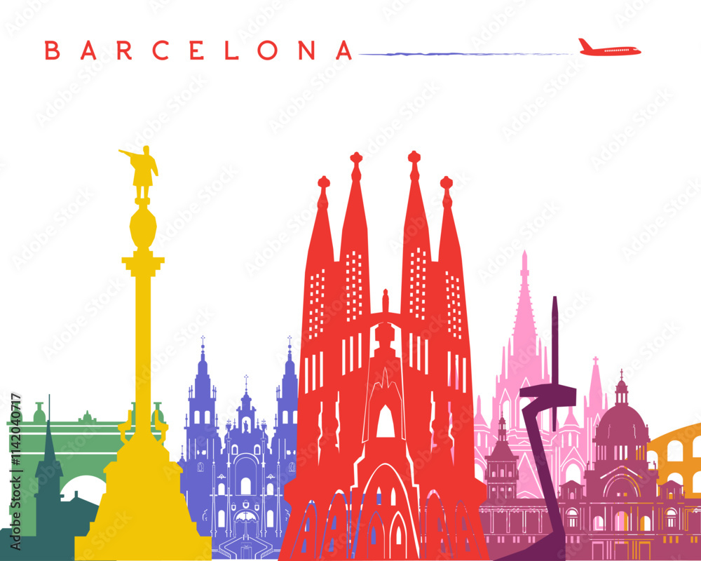 Fototapeta premium Barcelona city skyline colorful silhouette, travel and tourism banner design.