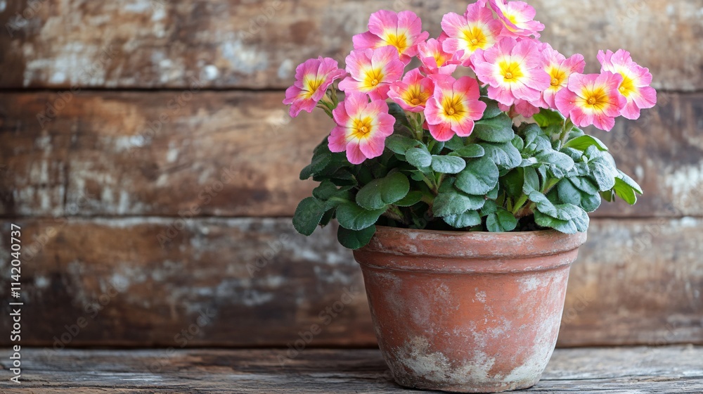 A vibrant primrose plant in full bloom, placed in a rustic clay pot, with weathered wooden planks as the background