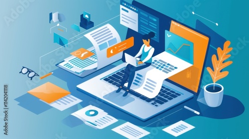 Paperless document management with online approval for efficient business workflows. Person using a laptop to manage approvals and streamline project processes.

