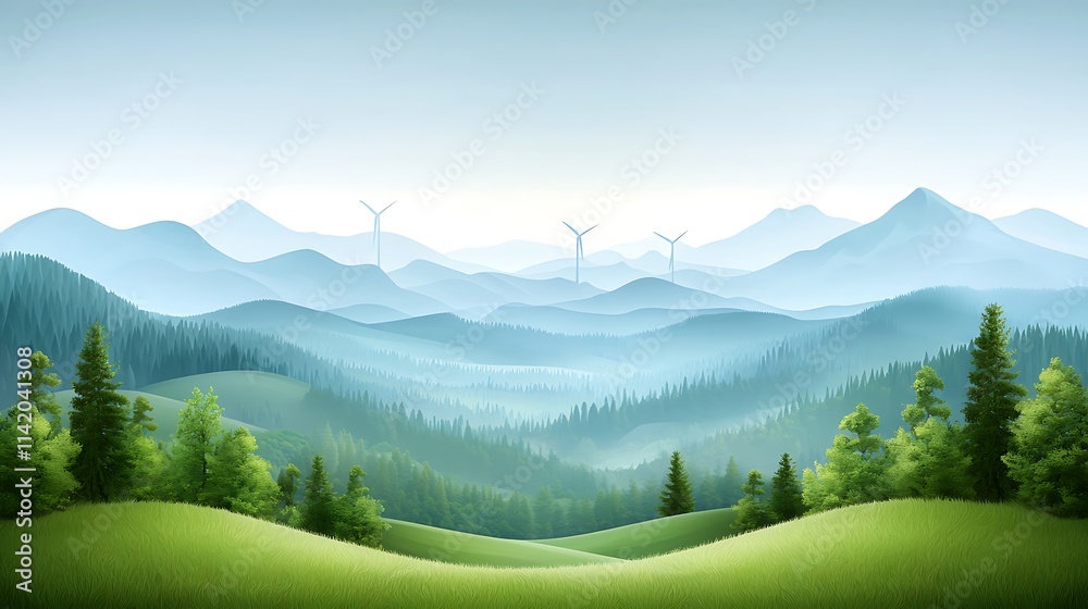 Breathtaking landscape view of mountains and wind turbines in serene nature environment Breathtaking landscape view of mountains and wind turbines in serene nature environment