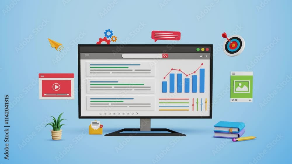 SEO, search engine optimization, website ranking, search result page, promote website. Optimize website URL to 1st rank on a 3D computer. 4K 3D animation