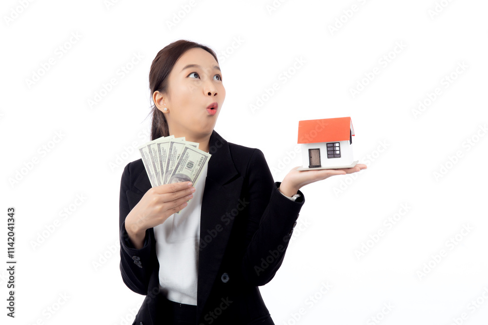 Portrait young asian businesswoman holding house and money for mortgage isolated white background, agent insurance business woman holding home for investment and presenting, business and finance.