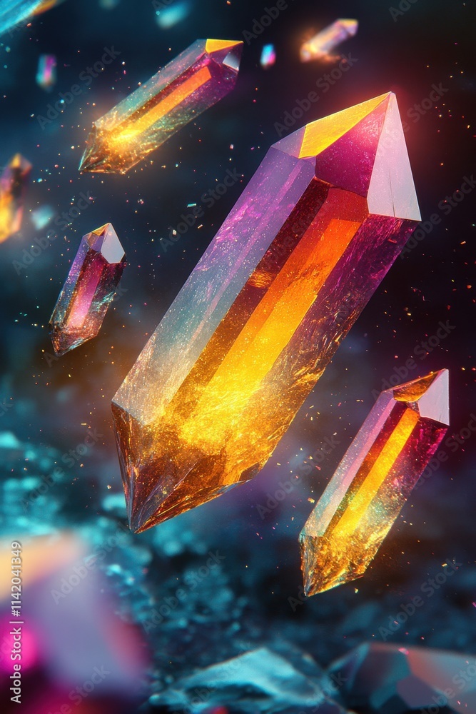 Vibrant, glowing crystals of various sizes hover against a mystical background, emitting an enchanting radiance. Vibrant, glowing crystals of various sizes hover against a mystical background, emitting an enchanting radiance.