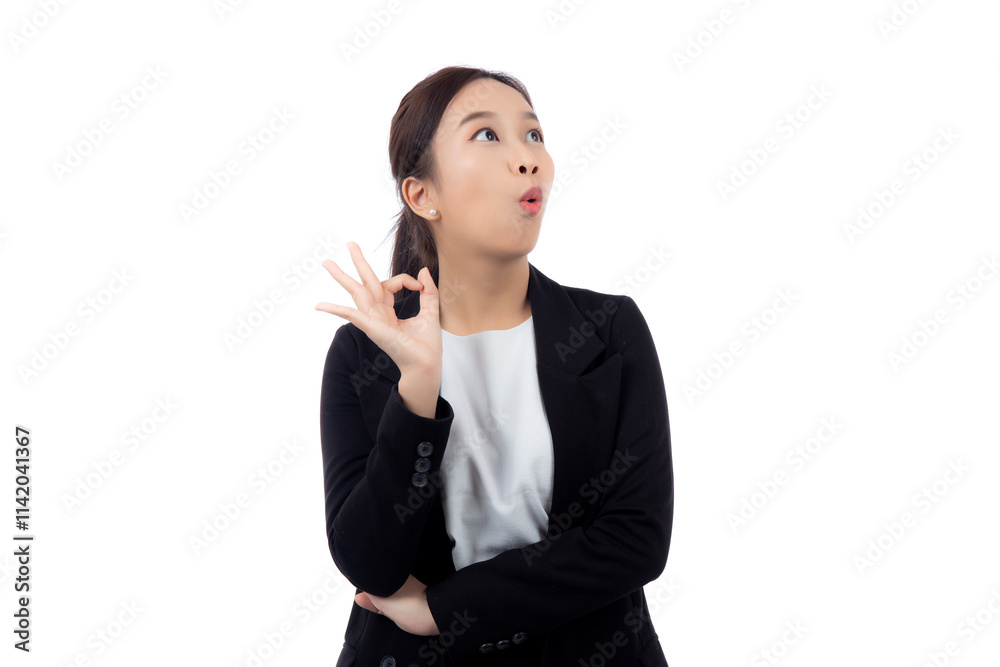 Portrait young asian business woman in suit gesture ok while surprise isolated white background, businesswoman with expression with shock, business and emotion, one person. Portrait young asian business woman in suit gesture ok while surprise isolated white background, businesswoman with expression with shock, business and emotion, one person.