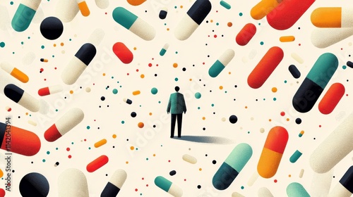 Abstract Representation of a Person Surrounded by Colorful Capsules and Pills Symbolizing Health and Wellbeing in a Creative Digital Artwork