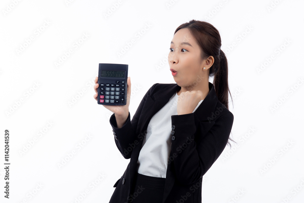 Portrait young asian businesswoman using calculator for calculate expense and budget for saving isolated white background, business woman calculate tax with excited, business and finance concept. Portrait young asian businesswoman using calculator for calculate expense and budget for saving isolated white background, business woman calculate tax with excited, business and finance concept.