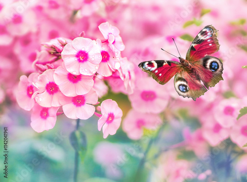 Bright peacock butterfly (Aglais io, Inachis io) in flight over lush pink phlox Traviata flower, macro. photo