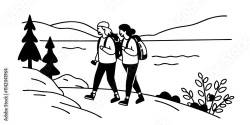 man and woman on vacation, two friends walking uphill with backpacks