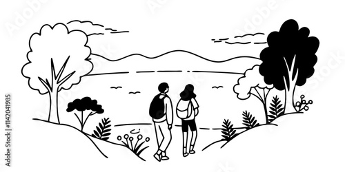 man and woman on vacation, two friends walking uphill with backpacks