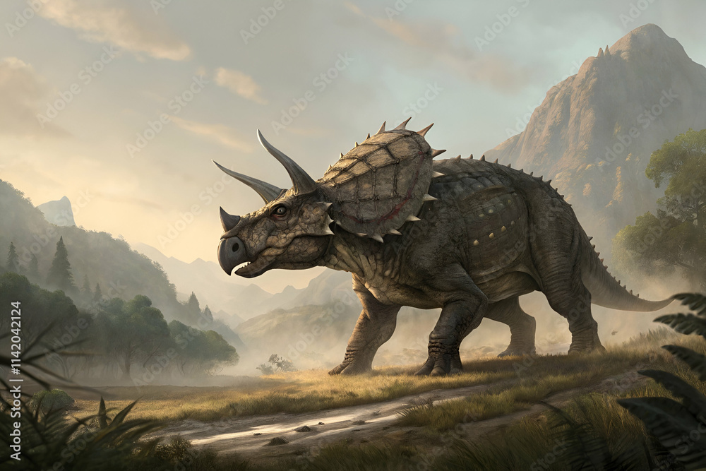 Fototapeta premium A majestic Triceratops roams a prehistoric landscape, surrounded by mountains and greenery, depicting the beauty of the ancient world.