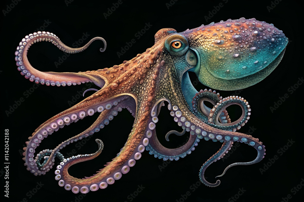 Obraz premium A vibrant illustration of an octopus showcasing its colorful body and multiple tentacles against a dark background.