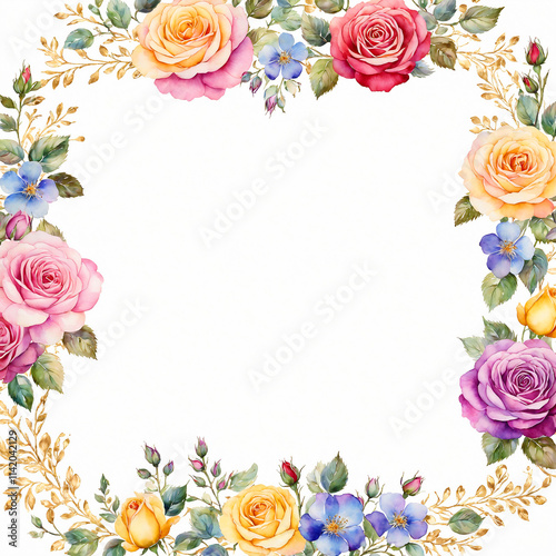 A border of colorful roses and tiny flowers with gold lines on a white background - Generative AI