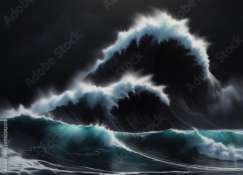 Moody abstract ocean wave painting in black oil paint, abstract expressionism, visual effect, texture photo