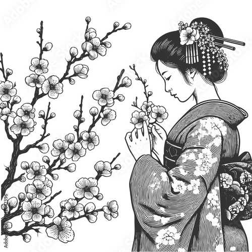 geisha in traditional kimono, surrounded by detailed blooming flowers and foliage sketch engraving generative ai fictional character vector illustration. Scratch board imitation. Black and white image