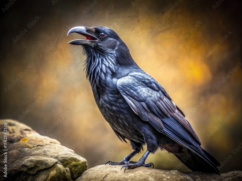 Fototapeta premium A vintage photo captures a raven's intense gaze, perched on a stone, a gothic masterpiece of antique wildlife photography.