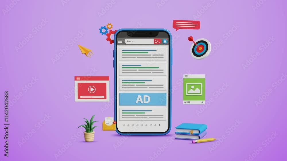 SEO tools, top search ranking, website promotion, search engine optimization, website SEO, organic search ranking. Website search results ranking on a 3D smartphone. 4K 3D animation