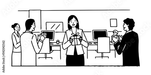 A Businesswoman receiving a gift from colleagues during work in the office. Business professionals giving a farewell party to a female colleague in the office