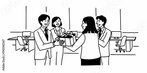 A Businesswoman receiving a gift from colleagues during work in the office. Business professionals giving a farewell party to a female colleague in the office