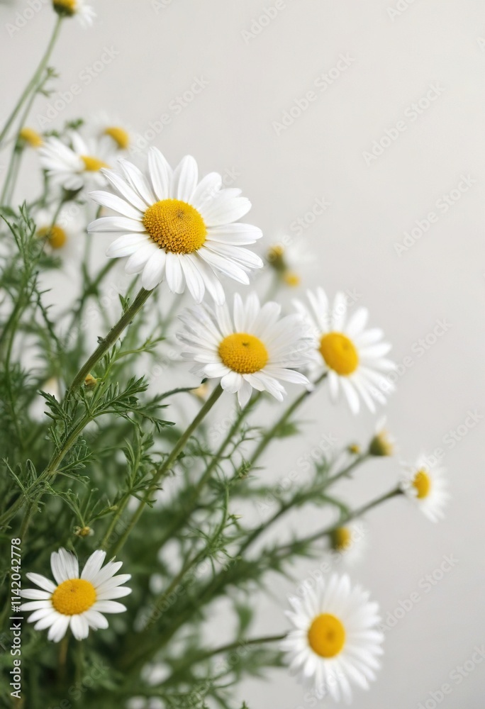 Macro shot of camomile leaves and stems against a white surface, leaf, closeup, green Macro shot of camomile leaves and stems against a white surface, leaf, closeup, green