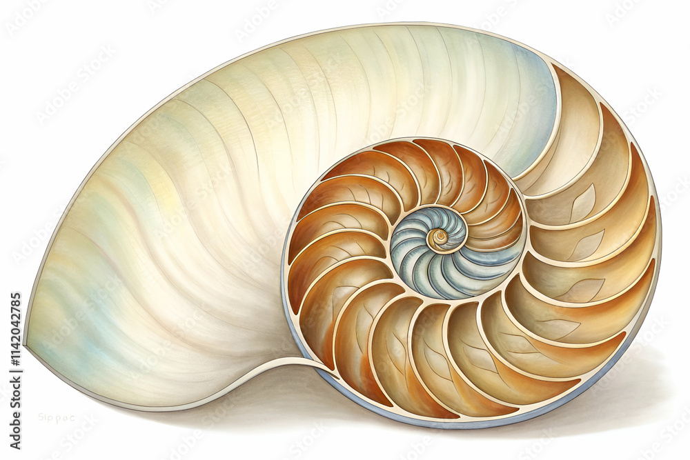 Obraz premium A beautifully illustrated nautilus shell showcasing intricate patterns and a natural spiral design.