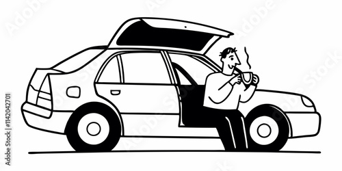 A man sits in the trunk of a car and drinks a fresh hot coffee by himself. Travel alone concept