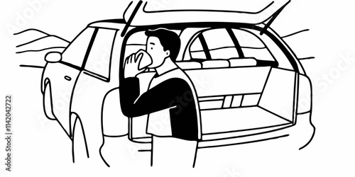 A man sits in the trunk of a car and drinks a fresh hot coffee by himself. Travel alone concept