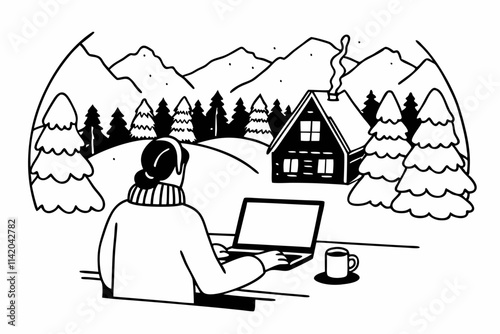 A software developer working remotely from a mountain resort during winter holidays