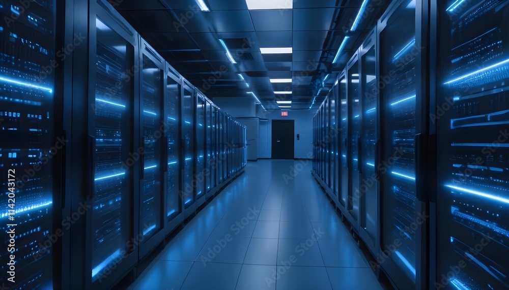A long corridor in a data center filled with rows of server racks and glowing blue lights, creating a futuristic and high-tech atmosphere A long corridor in a data center filled with rows of server racks and glowing blue lights, creating a futuristic and high-tech atmosphere