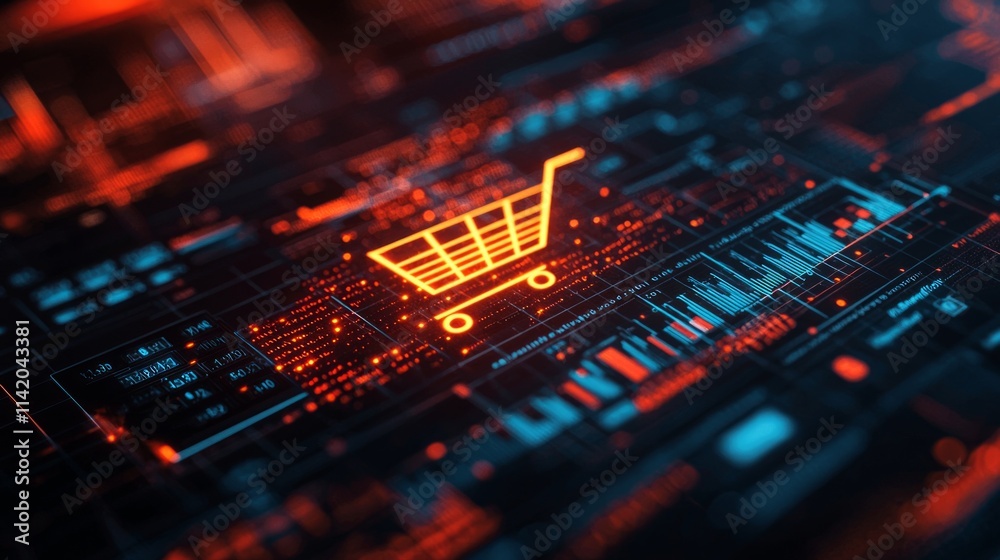 Digital analytics and shopping carts: A dynamic shopping cart icon overlays colorful charts and graphs on a high-tech dashboard, emphasizing e-commerce data growth Digital analytics and shopping carts: A dynamic shopping cart icon overlays colorful charts and graphs on a high-tech dashboard, emphasizing e-commerce data growth