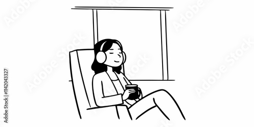 Calm woman relaxing in the office with coffee and music