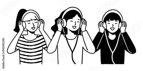 Cheerful female friends listening music while sharing headphones