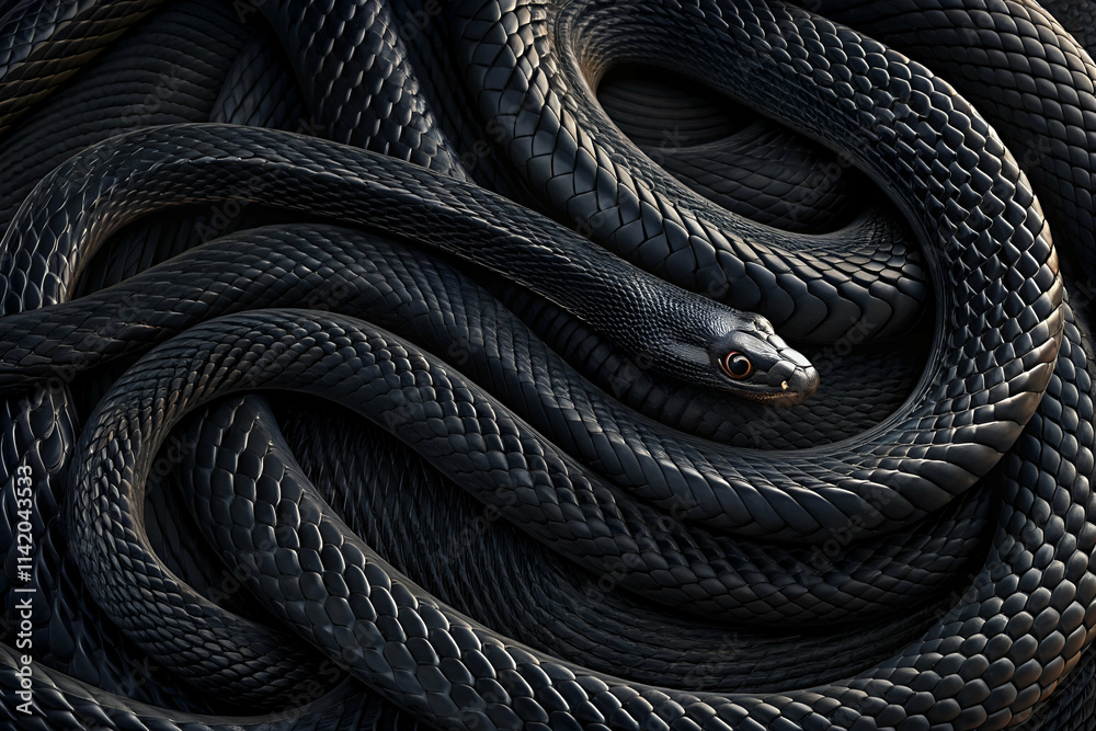 Obraz premium A close-up view of a coiled black snake, showcasing its intricate scales and smooth texture against a contrasting background.