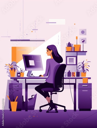 A woman focused on her computer work in a vibrant office, with organized desk accessories and a warm sunlight ambiance, symbolizing productivity and creativity.