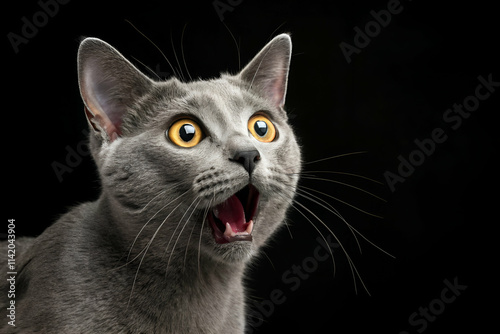 A surprised gray cat with wide eyes and an open mouth sits against a black background, displaying a startled expression.