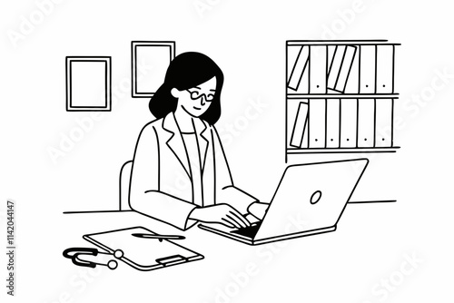 Female doctor with laptop working at the office desk