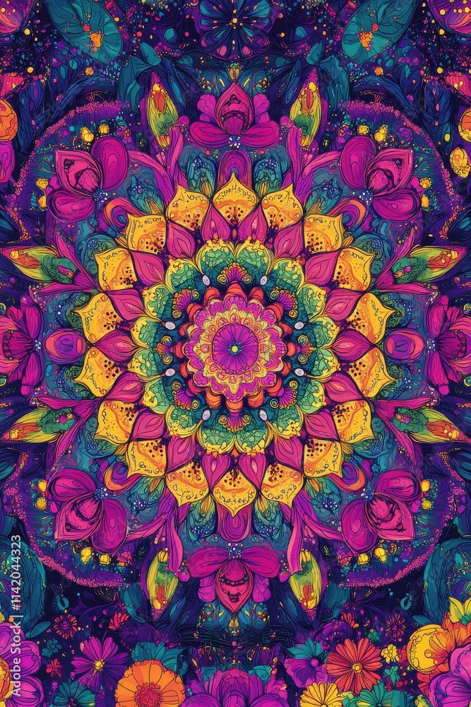 A vibrant and intricate mandala featuring colorful flowers against a dark background, showcasing creativity and harmony. A vibrant and intricate mandala featuring colorful flowers against a dark background, showcasing creativity and harmony.