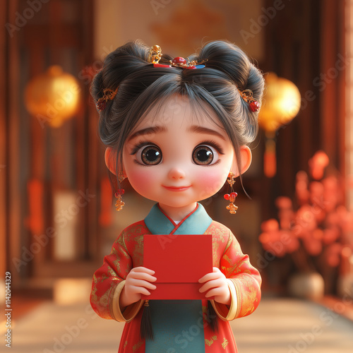 A cute 3D cartoon child in traditional Chinese attire, holding a red envelope, adorned with elegant hair accessories, festive background with lanterns and peach blossoms, celebrating Chinese New Year.