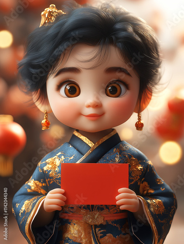 A charming 3D cartoon character in traditional Chinese attire holds a red envelope. The figure wears an ornate blue and gold hanfu, delicate earrings, and features large expressive brown eyes.