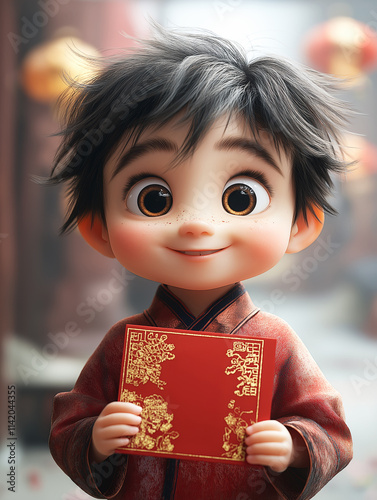 A charming 3D animated character with messy black hair, large expressive brown eyes, and rosy cheeks holds a traditional red envelope with gold patterns,Chinese new year.