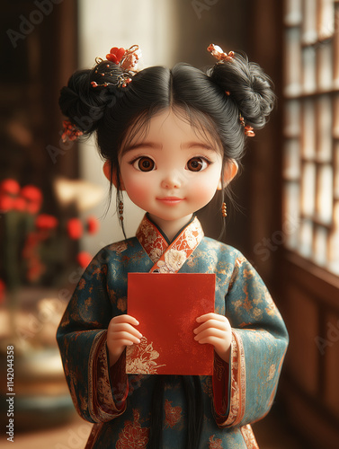 A 3D rendered character in traditional Chinese hanfu holding a red envelope, featuring double bun hairstyle with floral ornaments, teal-colored dress with ornate patterns, Chinese new year.