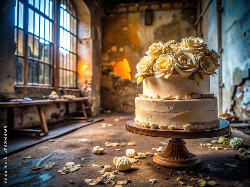 Decaying floral cake, grunge aesthetic. Abandoned building backdrop, dark romanticism. Decaying floral cake, grunge aesthetic. Abandoned building backdrop, dark romanticism.