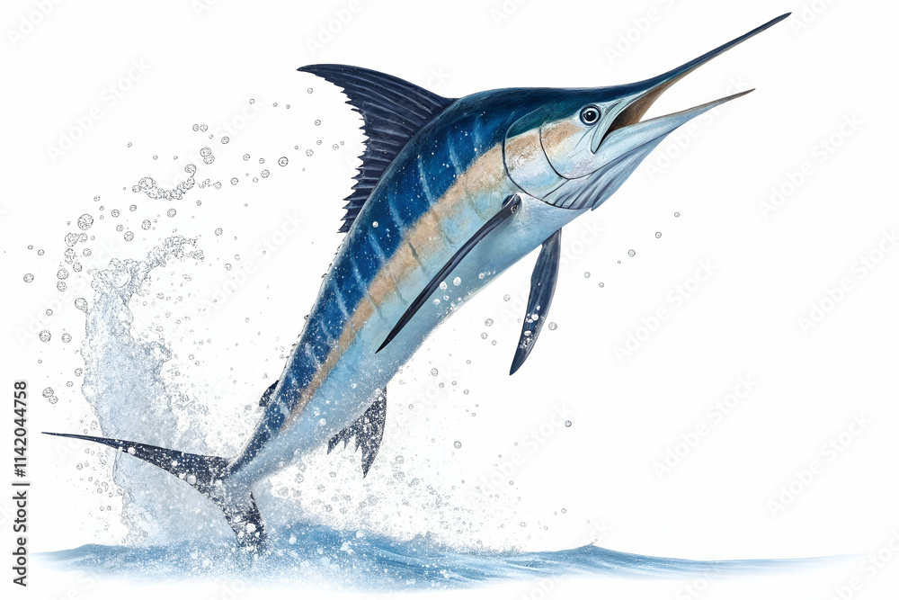 A marlin leaps from the ocean's surface, showcasing its vibrant blue colors and powerful physique amidst splashing water. A marlin leaps from the ocean's surface, showcasing its vibrant blue colors and powerful physique amidst splashing water.