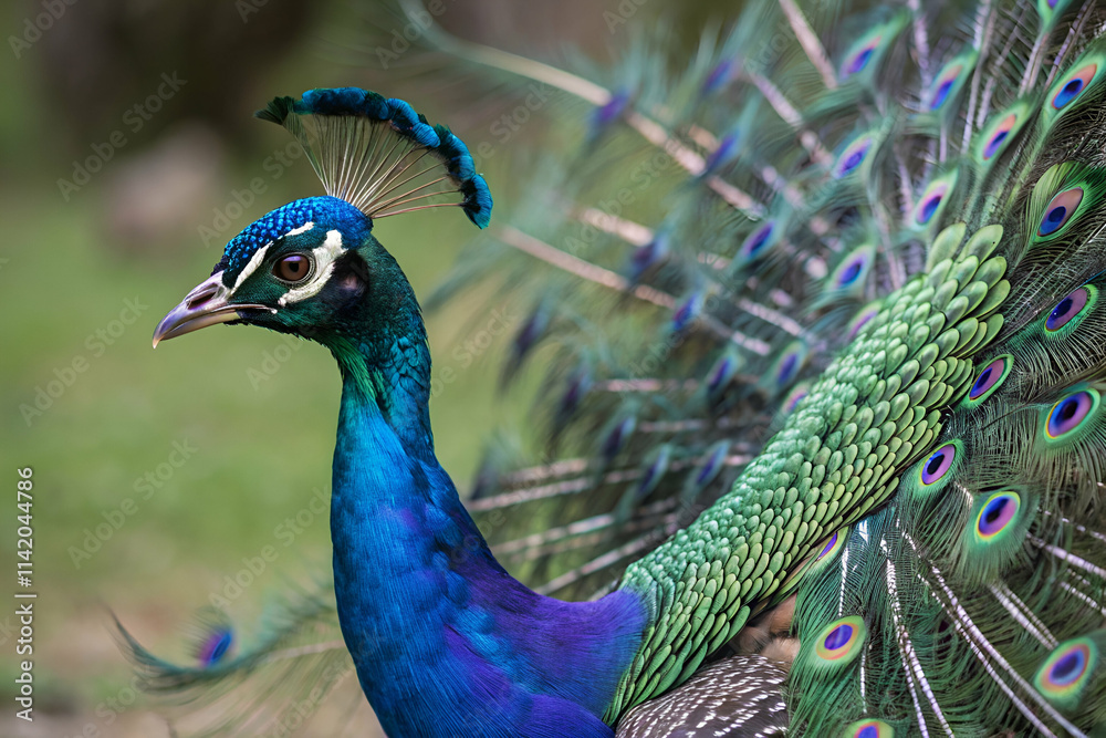 Naklejka premium A vivid peacock displays its iridescent feathers, showcasing stunning shades of blue and green, highlighting its beauty in nature.
