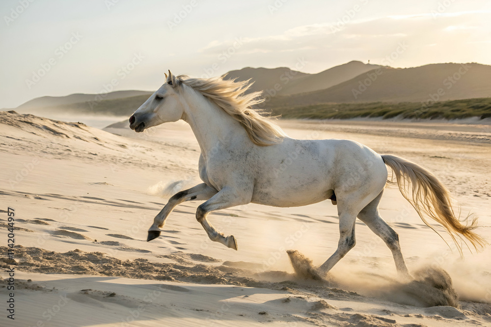 A majestic white horse gallops across a sandy beach, its mane flowing in the wind, with serene mountains in the background under a golden sky. A majestic white horse gallops across a sandy beach, its mane flowing in the wind, with serene mountains in the background under a golden sky.